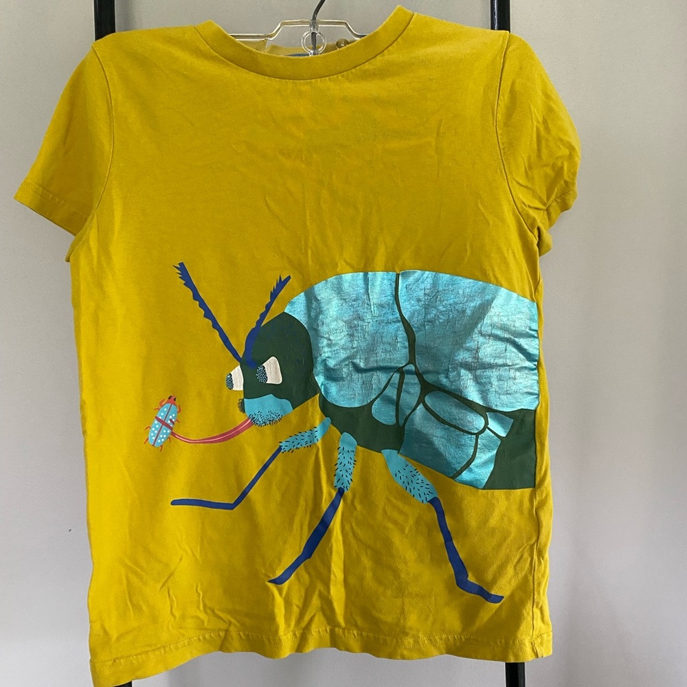Mini Boden mustard, yellow T-shirt, insect print size 9–10